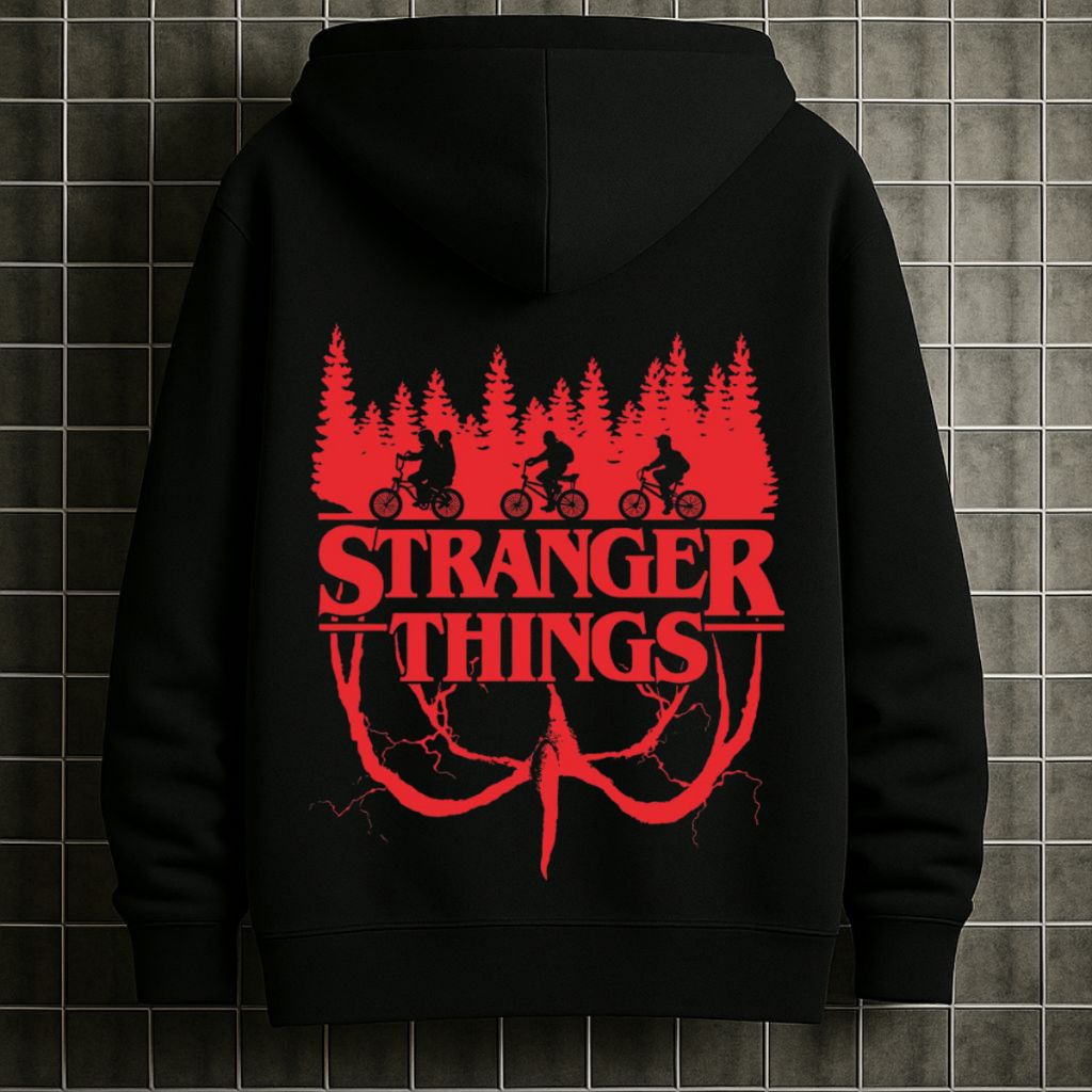 Stranger Things "Hawkins Woods" Graphic Hoodie – Midnight Black & Crimson