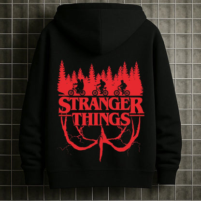 Stranger Things "Hawkins Woods" Graphic Hoodie – Midnight Black & Crimson