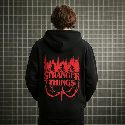Stranger Things "Hawkins Woods" Graphic Hoodie – Midnight Black & Crimson